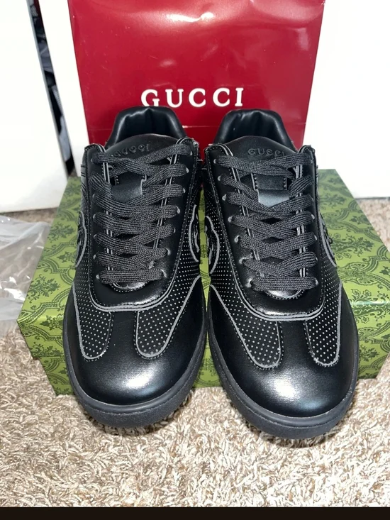 Gucci Men’s Black Leather Perforated Lace-Up Sneakers - Picture 1 of 6